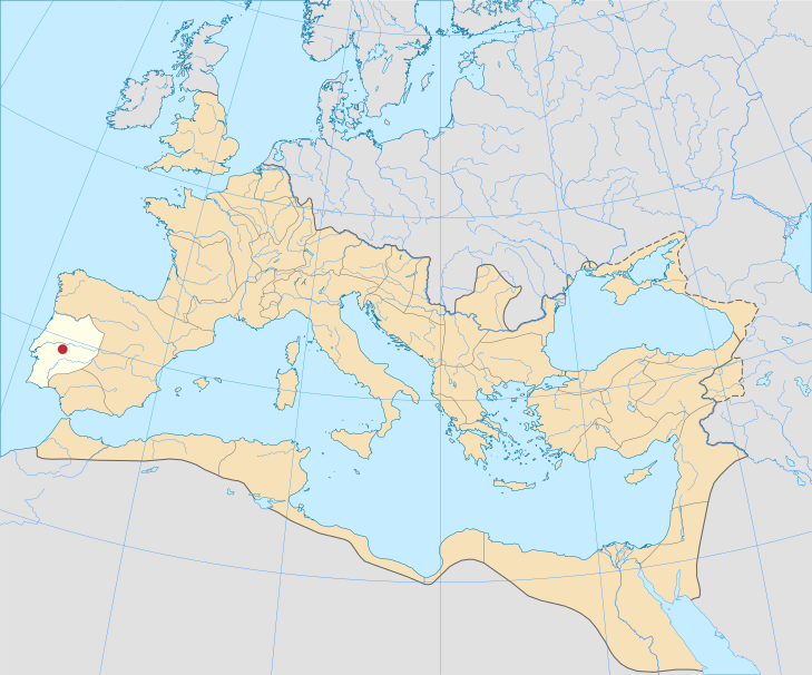 Localização de Ammaia na província da Lusitânia, império Romano, em 125 d.C.